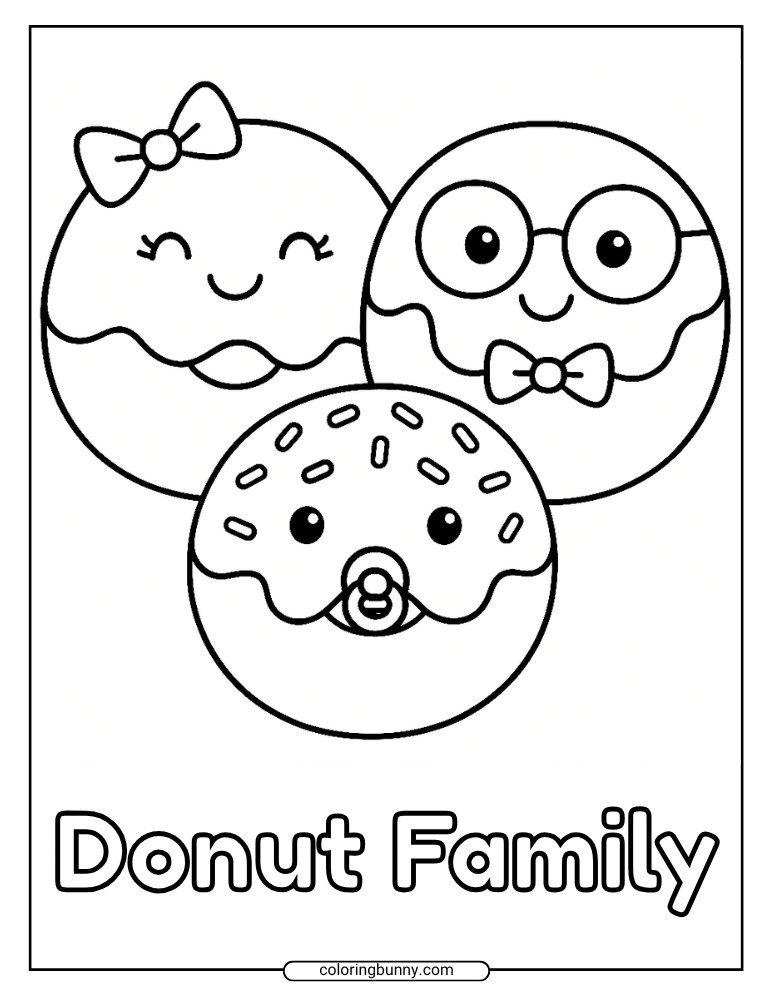 Donut coloring page showing three smiling donuts designed as a family with cute faces, glasses, a bow, and a pacifier, with the words Donut Family underneath