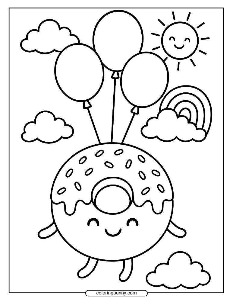 Donut coloring page of a happy frosted donut with sprinkles floating in the sky, carried by balloons, surrounded by clouds, a rainbow, and a smiling sun