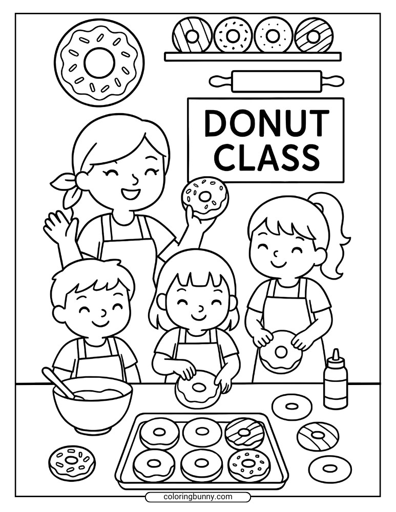 Donut coloring sheet showing a group of smiling children and an instructor making donuts with bowls, trays, frosting, sprinkles, and a sign reading Donut Class
