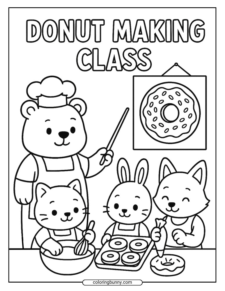 Donut coloring page showing a bear chef leading a donut making with a cat, bunny, and fox, mixing batter, frosting donuts, and holding a tray of freshly baked treats