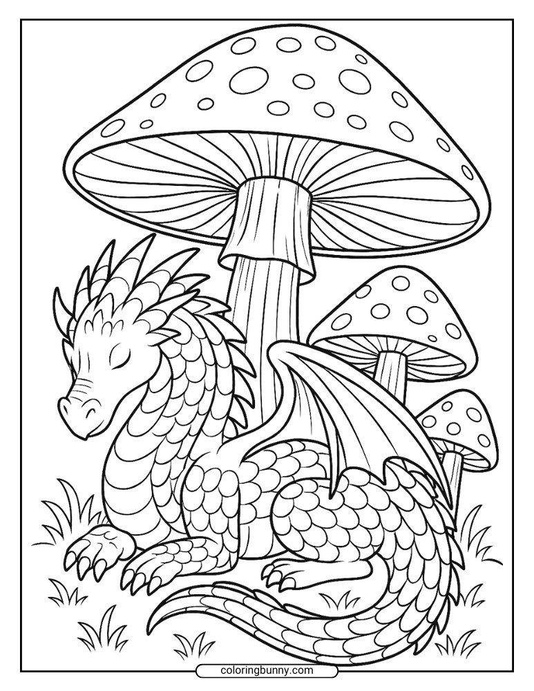 Mushroom coloring page of a sleeping dragon with scaly wings and a long tail rests beneath oversized spotted mushrooms.