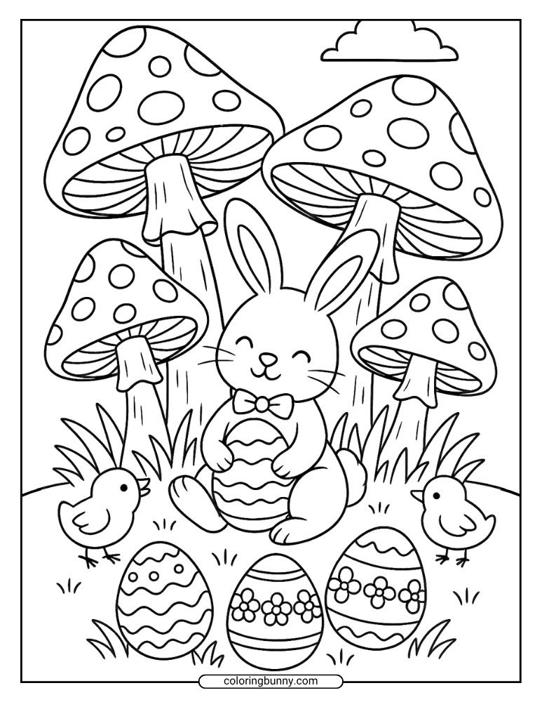 Mushroom coloring page of a cute bunny holding an Easter egg sits under large spotted mushrooms, surrounded by grass, flowers, chicks, and more decorated eggs.