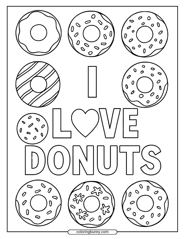 Donut coloring page featuring an I love donuts design surrounded by assorted frosted donuts with sprinkles and glaze patterns