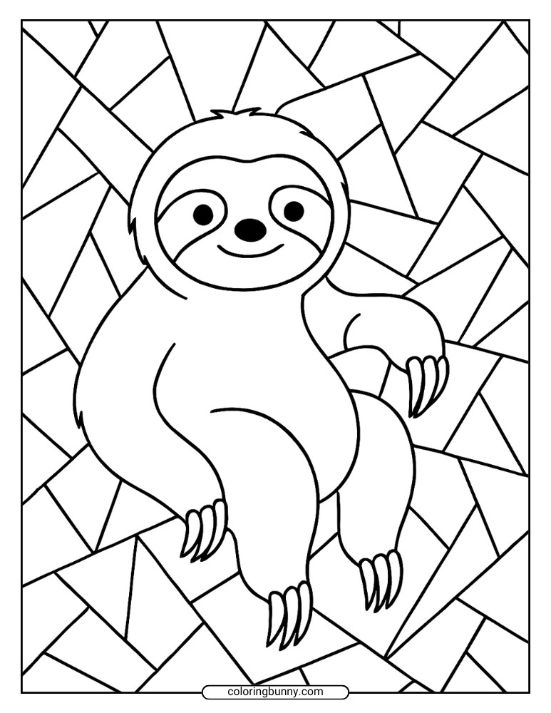 Easy kids sloth coloring page with a smiling sloth and a simple geometric background.
