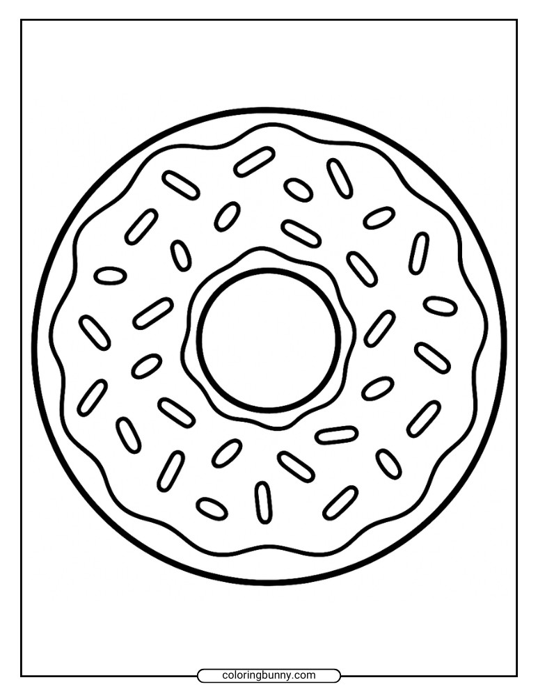 Donut coloring sheet featuring a single round frosted donut with a wavy glaze edge and scattered sprinkles in a simple minimalist style.
