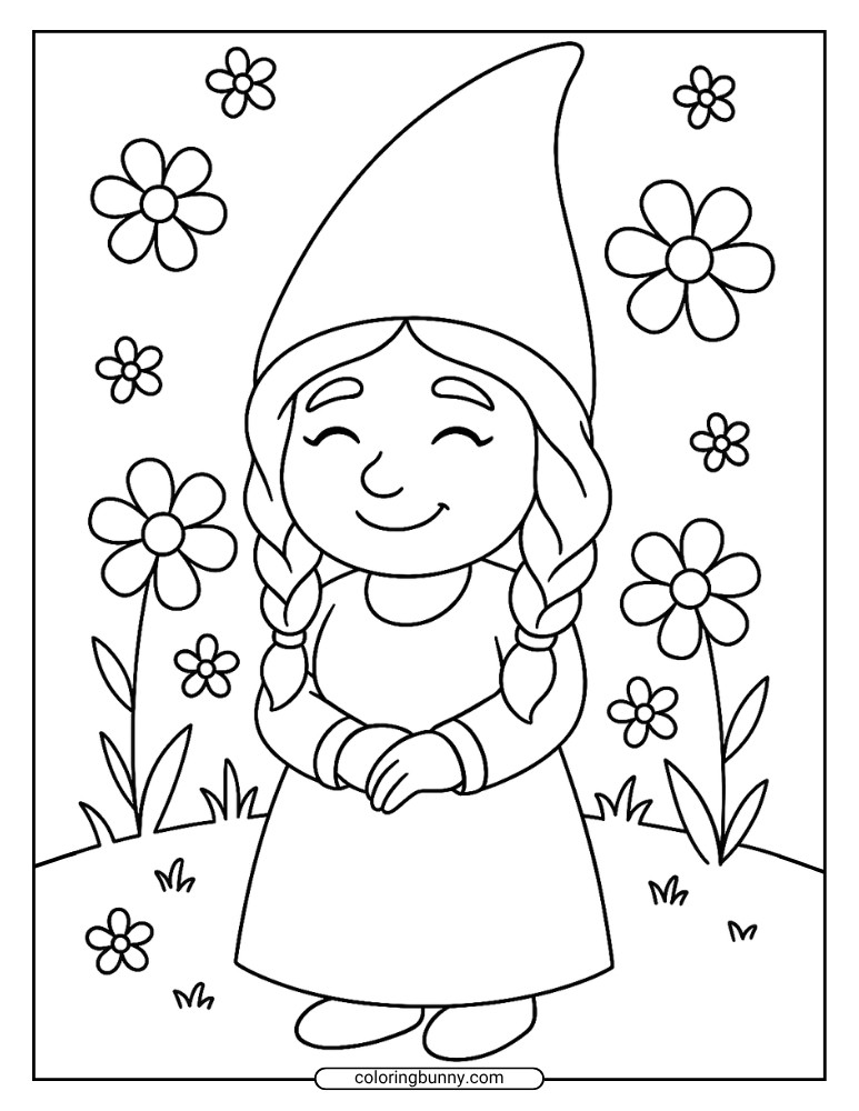 Gnome Coloring Page of a smiling female gnome with braids, standing in a flower-filled meadow.