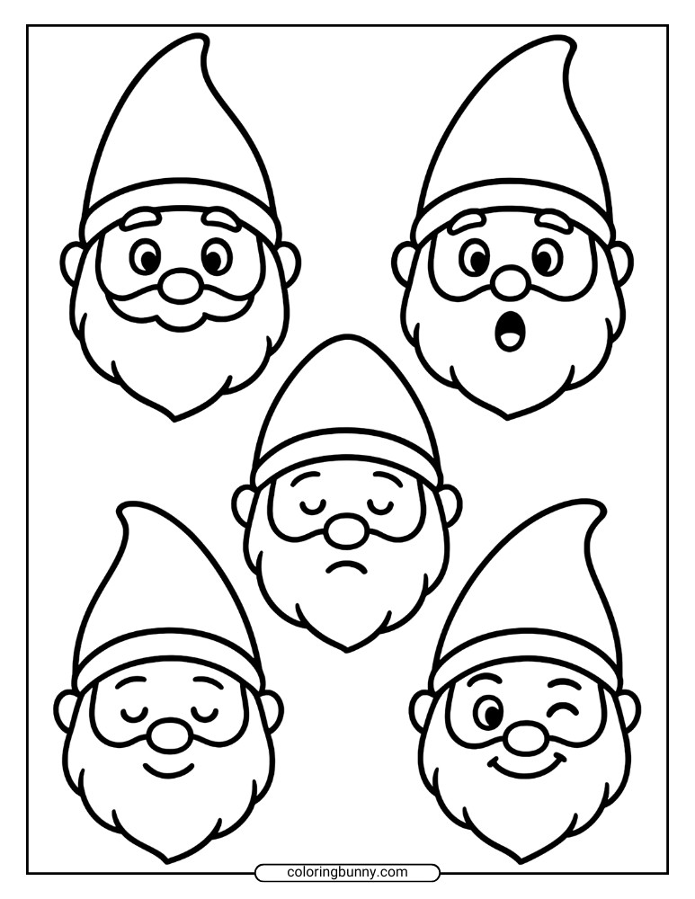 Line art of five gnome faces, each with a unique expression including smiling, winking, surprised, and sleepy looks.