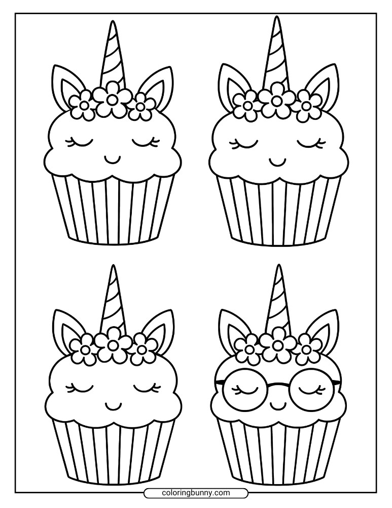 A coloring sheet of four unicorn cupcakes with closed eyes, floral crowns, horns, and one wearing round glasses.