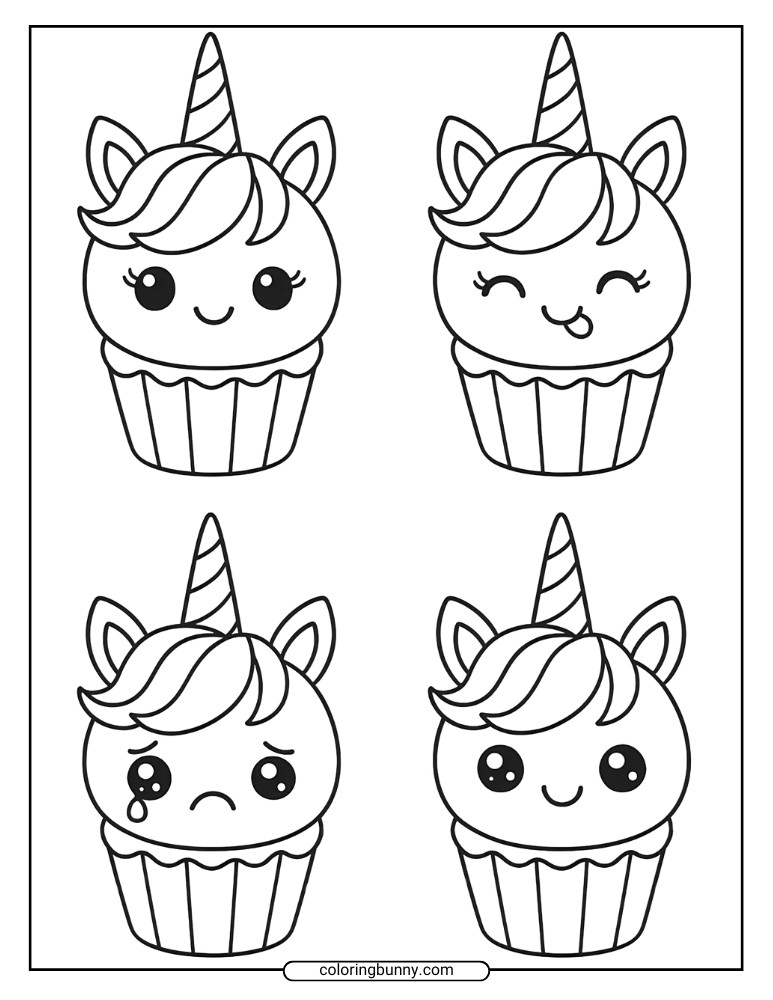 Unicorn cupcake coloring page with four cupcakes, each wearing a different facial expression, from cheerful to playful to tearful.
