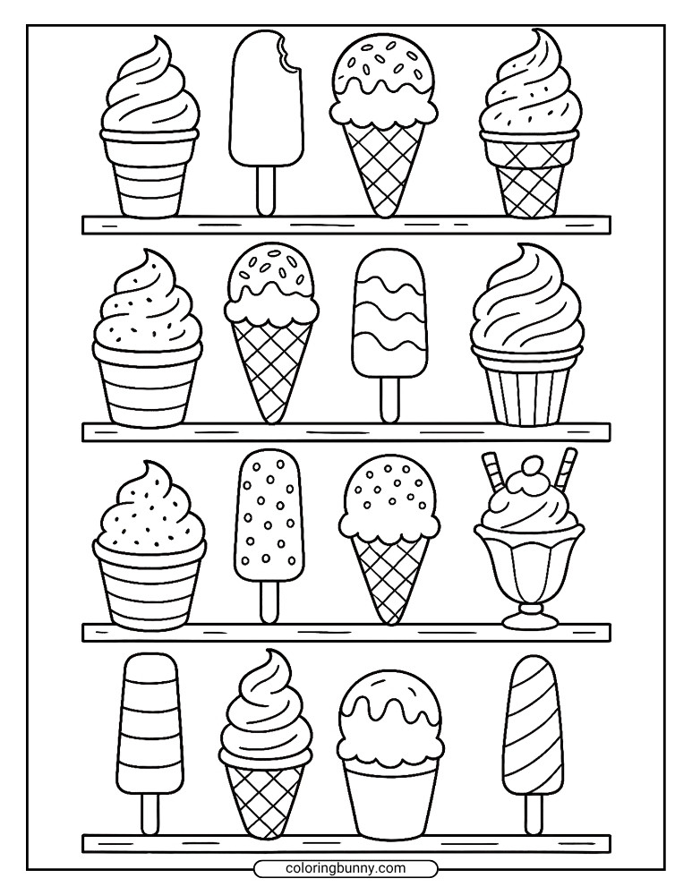 Variety of ice cream coloring page featuring four shelves packed with cones, swirled soft serve, popsicles, and sundaes in a neat display.