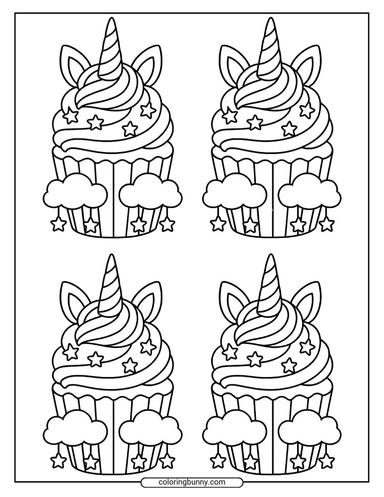 Unicorn cupcake coloring sheet showing four matching cupcakes with horns, clouds, stars, and striped bases.