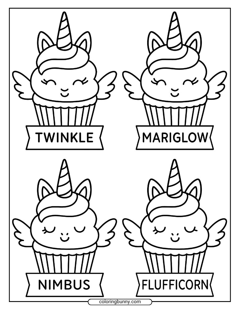 A unicorn cupcake coloring sheet of four winged unicorn cupcakes, each labeled with a name and topped with a unicorn horn and swirled frosting.