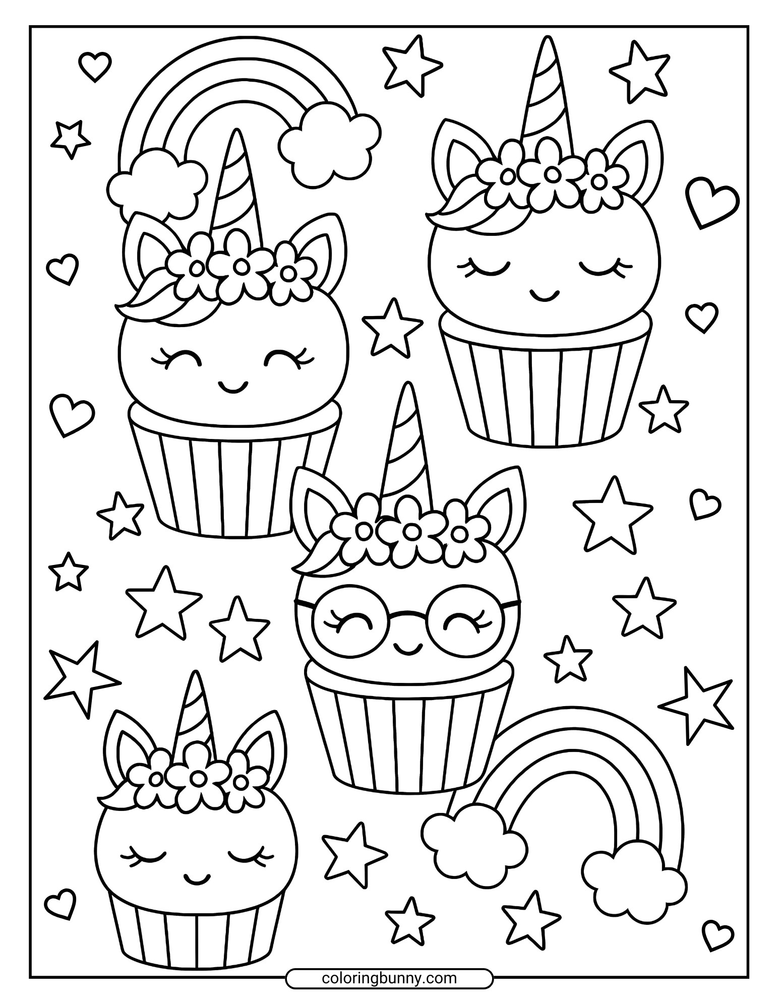 Coloring page showing four unicorn cupcakes with floral crowns, framed by rainbows, stars, and heart shapes.