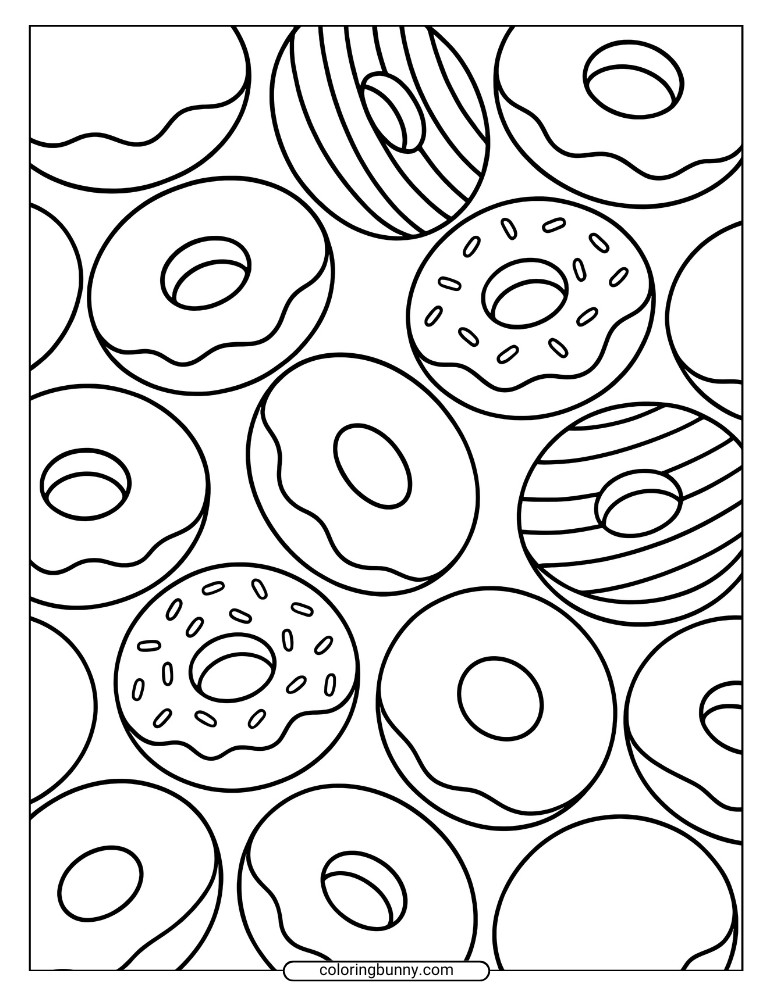Coloring page featuring a seamless pattern of donuts with sprinkles, frosting drips, and striped designs arranged in a fun overlapping layout