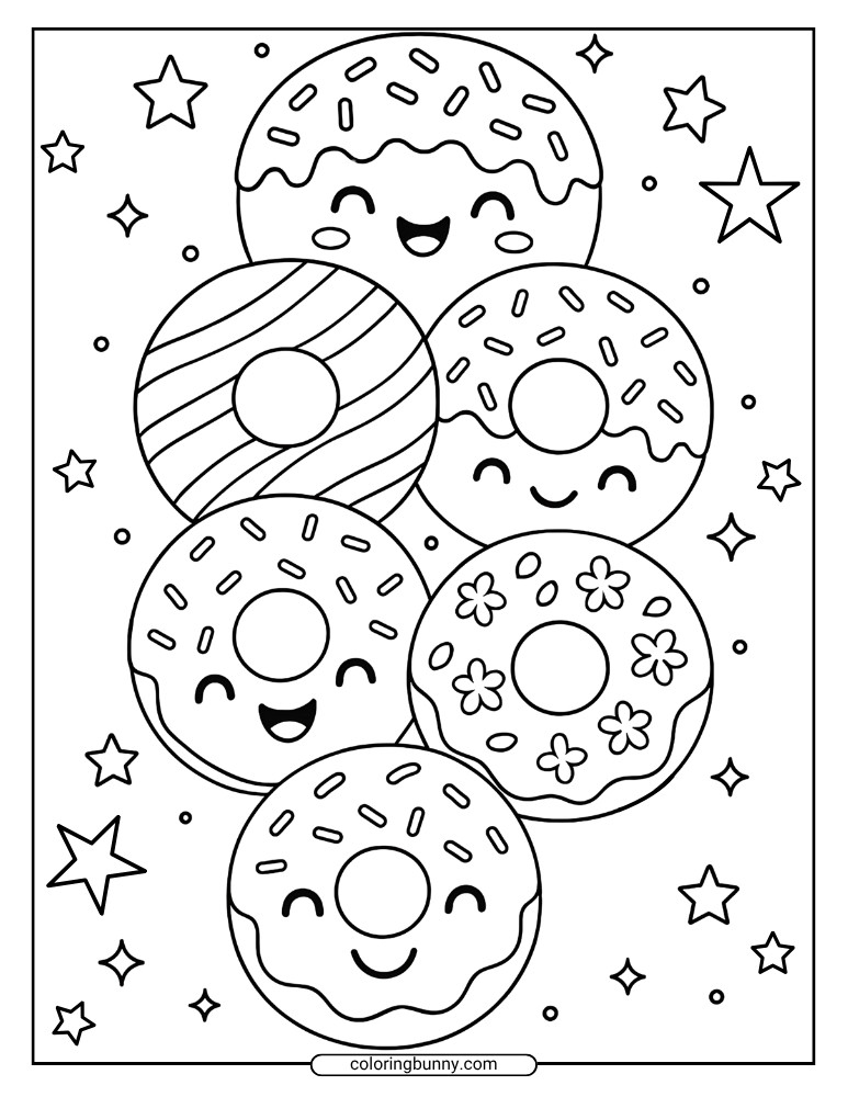 Donut coloring sheet showing a stack of six happy cartoon donuts with sprinkles, stripes, and flower patterns, surrounded by twinkling stars.
