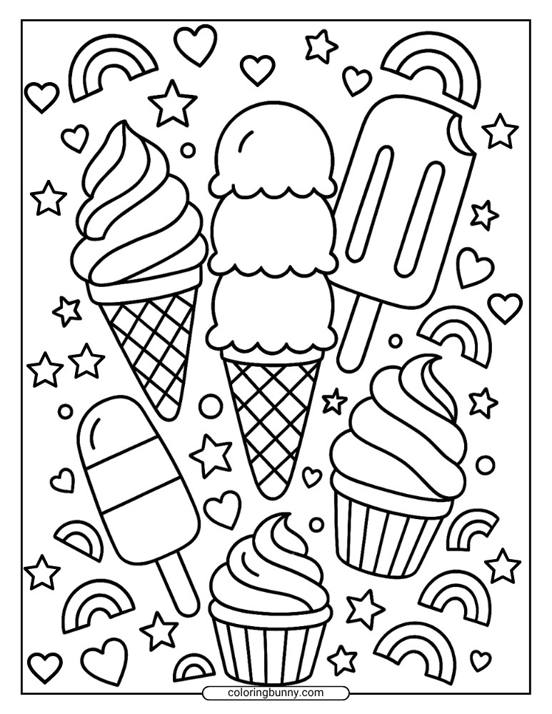 Coloring page featuring multiple ice cream cones, popsicles, and cup-style swirls surrounded by hearts, stars, and rainbows in a fun pattern layout.