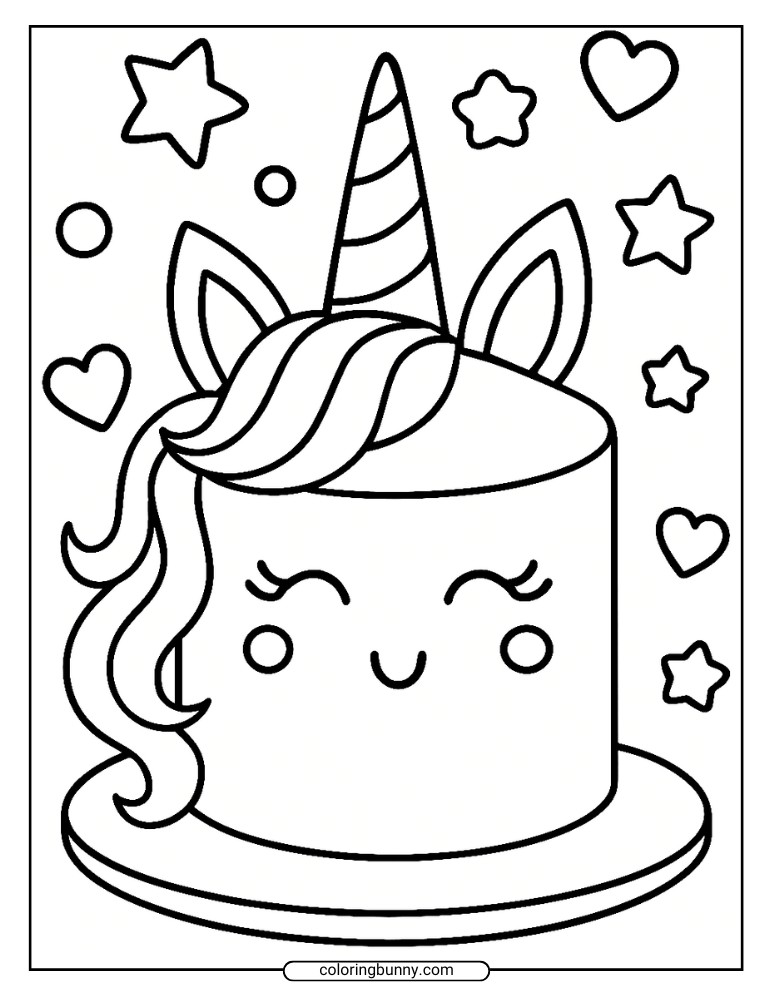 Simple unicorn coloring page of a round unicorn cake with a horn, mane, and ears, surrounded by floating hearts and stars.