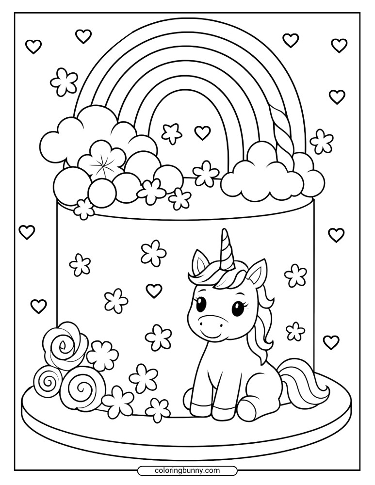 A unicorn cake coloring page with a rainbow, clouds, flowers, and a unicorn sitting sweetly on the cake’s base.