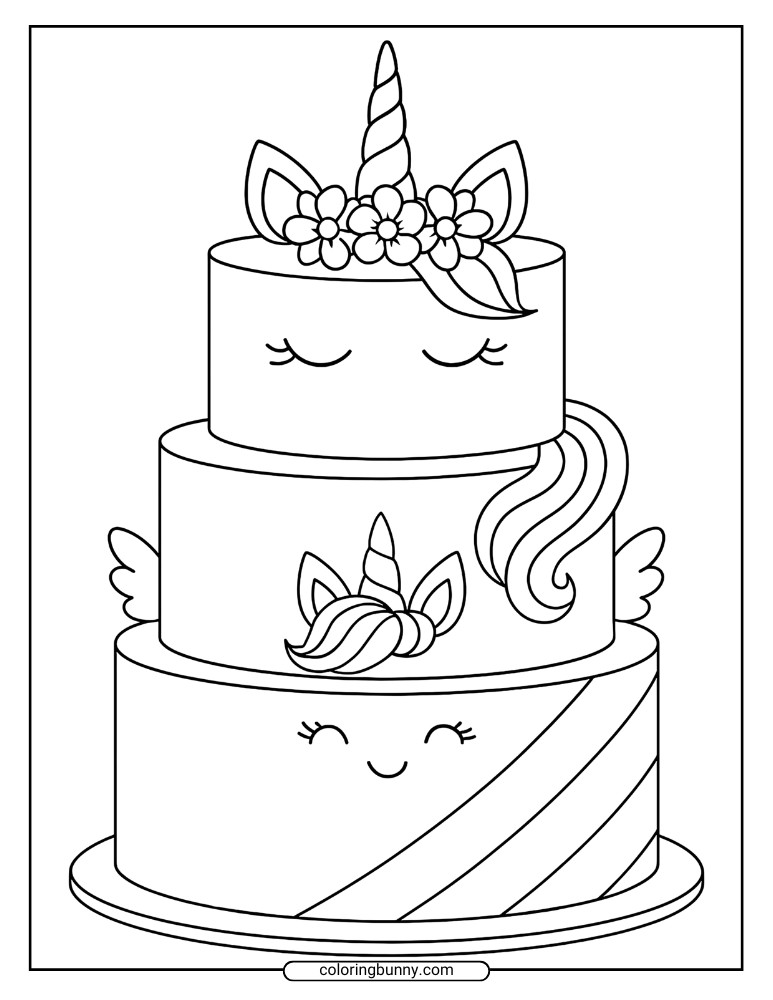 Unicorn cake coloring page showing a three-tier cake with a floral crown, wing details, and a tiny unicorn topper on the second tier.