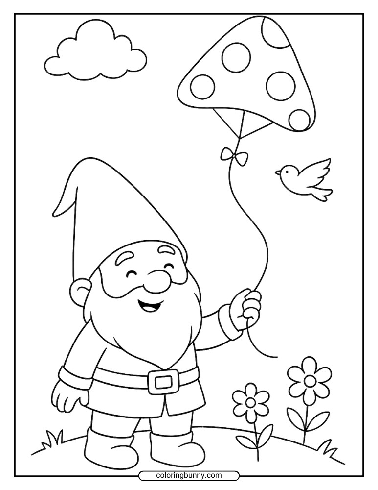 Whimsical gnome coloring sheet showing a smiling gnome flying a spotted mushroom kite, with flowers, a bird, and clouds in the background.