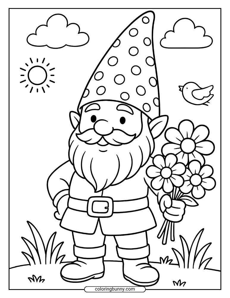 Gnome coloring page showing a smiling gnome with a spotted hat holding a bouquet of flowers, with the sun, clouds, and a bird in the background.