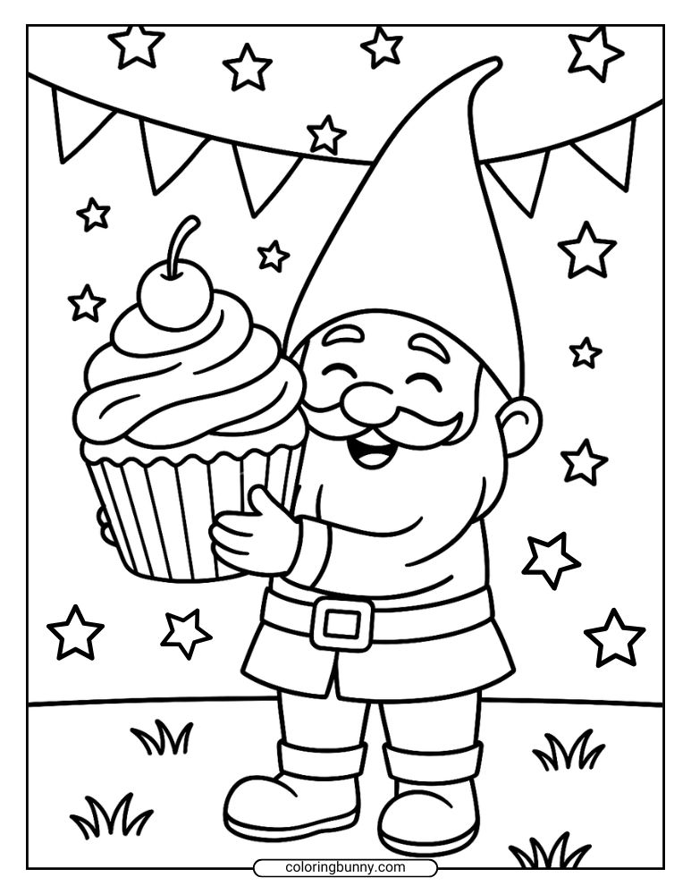 Gnome coloring page of a smiling gnome holding an oversized cupcake with a cherry on top, standing under party bunting and surrounded by stars.