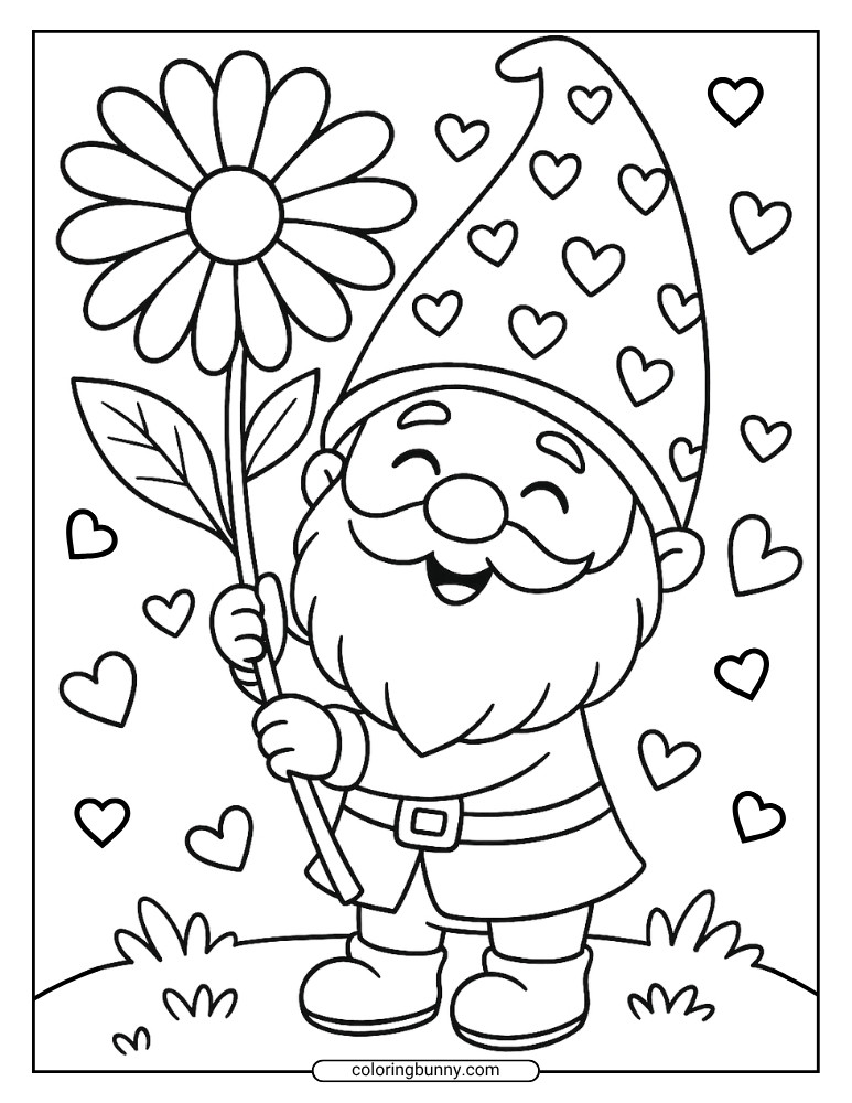 Coloring page of a happy gnome holding a giant daisy-like flower, with hearts filling the background.