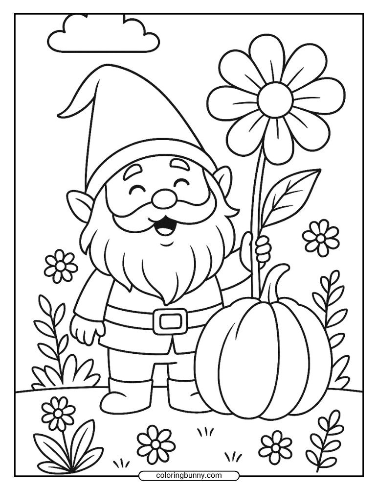 Line art of a smiling gnome holding a tall flower, standing beside a large pumpkin and surrounded by smaller flowers.