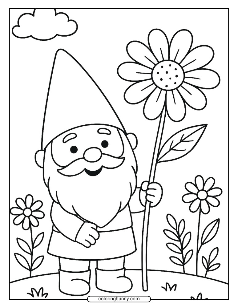 Whimsical gnome coloring sheet showing a gnome holding a giant daisy-like flower, surrounded by other blooms on a grassy hill.