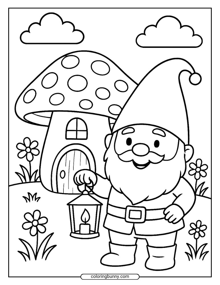 Line art of a smiling gnome holding a lantern with a lit candle, standing in front of a mushroom-shaped house surrounded by flowers.