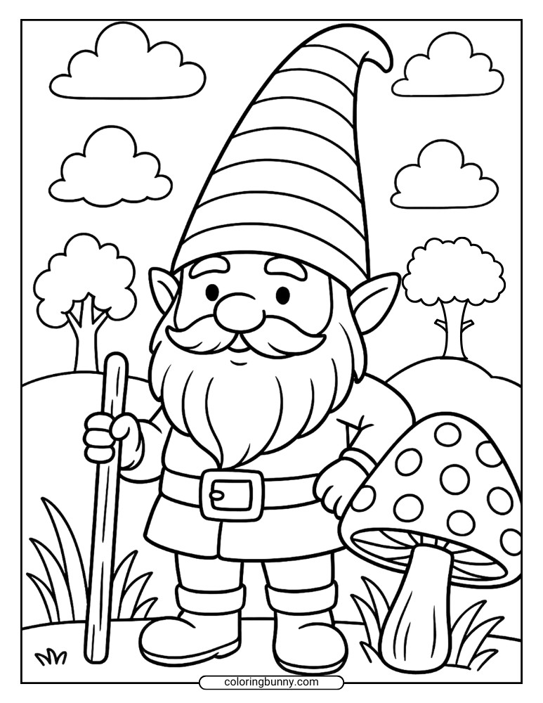Gnome coloring page featuring a cartoon gnome holding a walking stick next to a spotted mushroom in a grassy meadow.