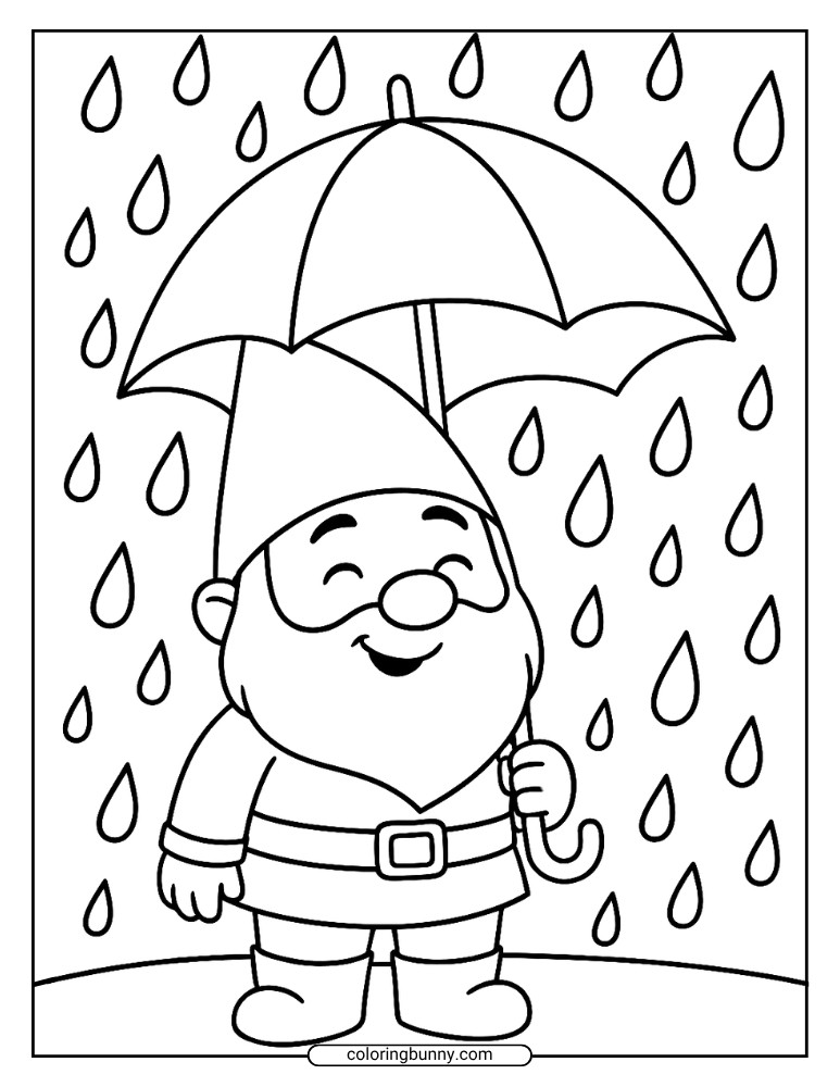 Gnome Holding an Umbrella and Shelting From the Rain Coloring Page