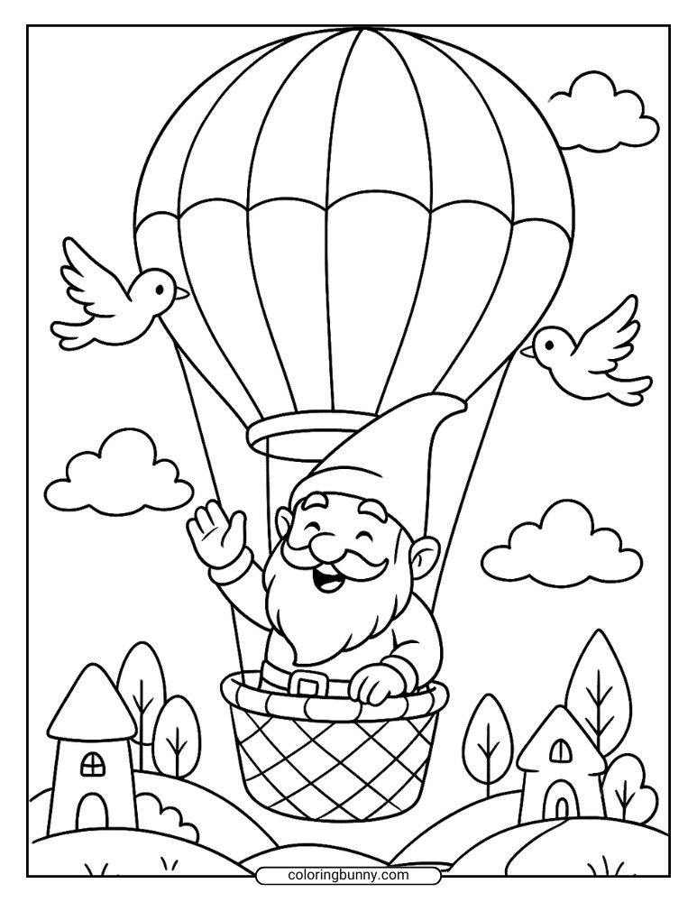 Gnome coloring page featuring a bearded gnome waving from a hot air balloon basket, with birds, clouds, and small houses below.