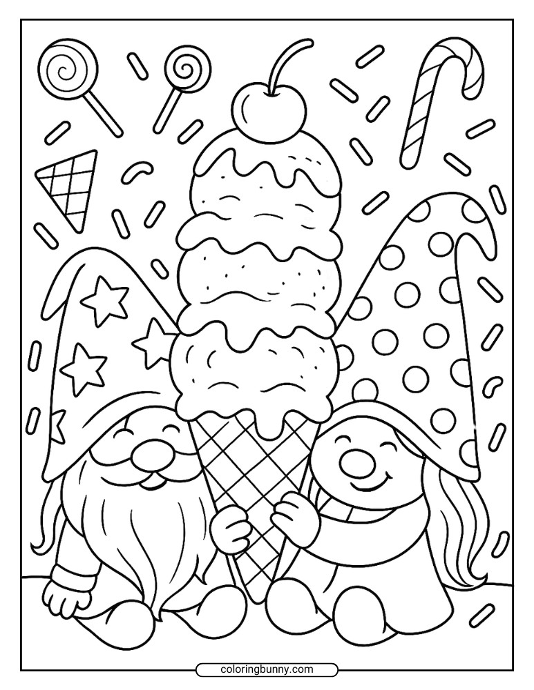 Cartoon gnome illustration for coloring, showing two gnomes holding a giant ice cream cone topped with a cherry, surrounded by candy and sprinkles.