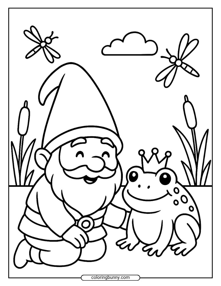 Whimsical gnome coloring page showing a gnome kneeling next to a smiling frog wearing a crown, with dragonflies and cattails in the background.