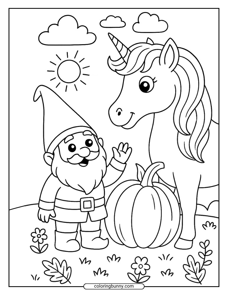 Whimsical gnome coloring sheet showing a bearded gnome standing beside a unicorn and a pumpkin, with flowers, leaves, and sunshine overhead.