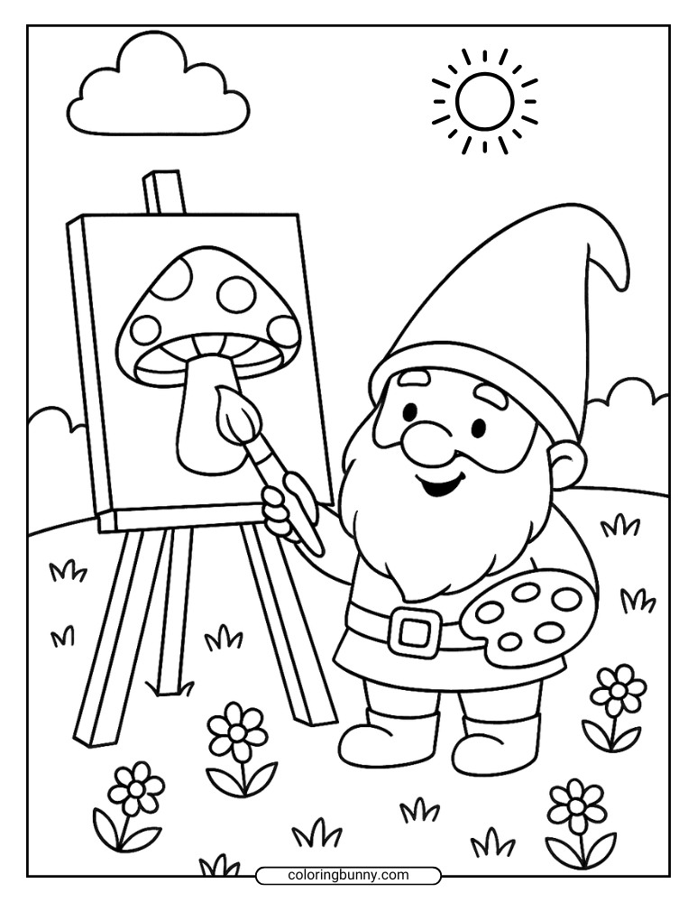 Line art of a smiling gnome holding a paintbrush and palette, painting a large spotted mushroom on an easel in a flower-filled meadow.