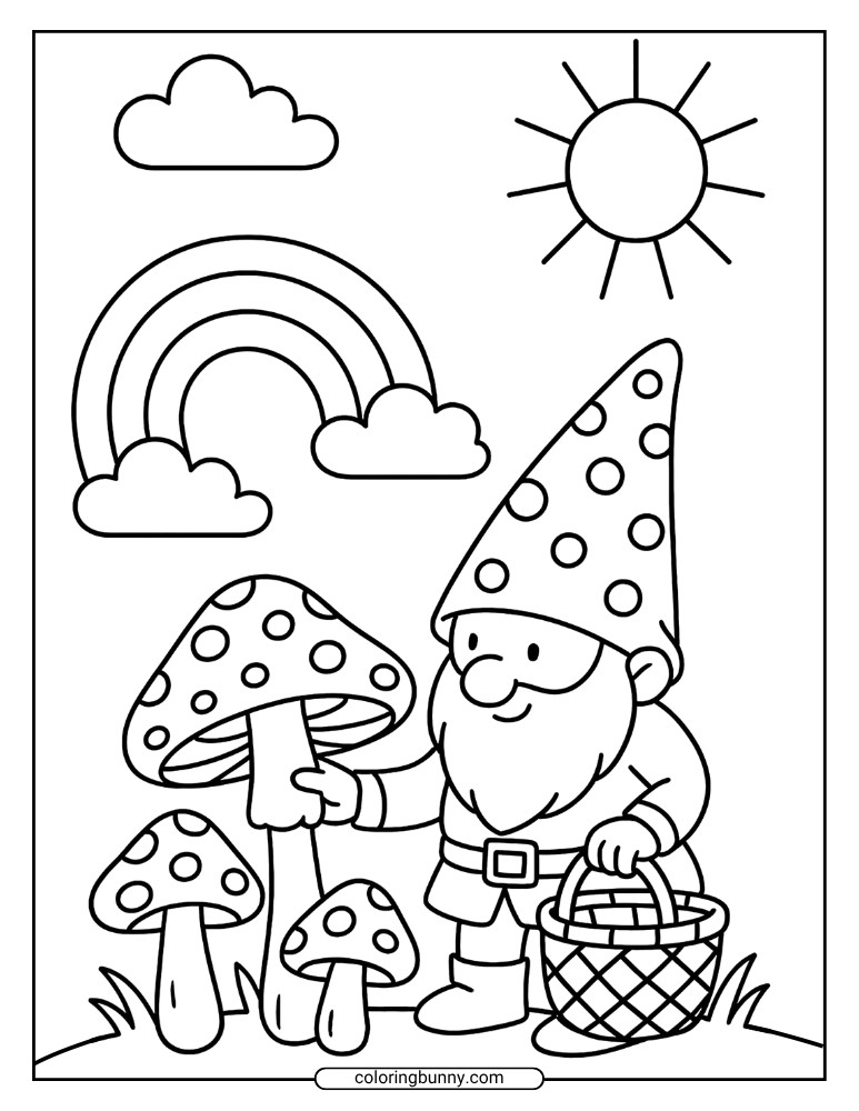 Mushroom coloring page featuring a gnome gathering large mushrooms with a rainbow, sunshine, and clouds in the background.