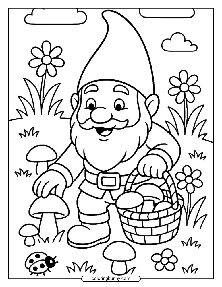 Line drawing of a gnome picking mushrooms and placing them in a basket, with flowers, grass, and a ladybug nearby.