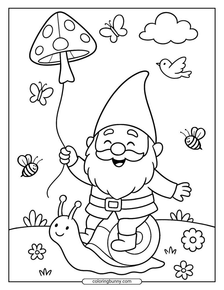 Black and white drawing of a smiling gnome riding a large snail while holding a spotted mushroom kite, surrounded by bees, butterflies, flowers, and clouds.