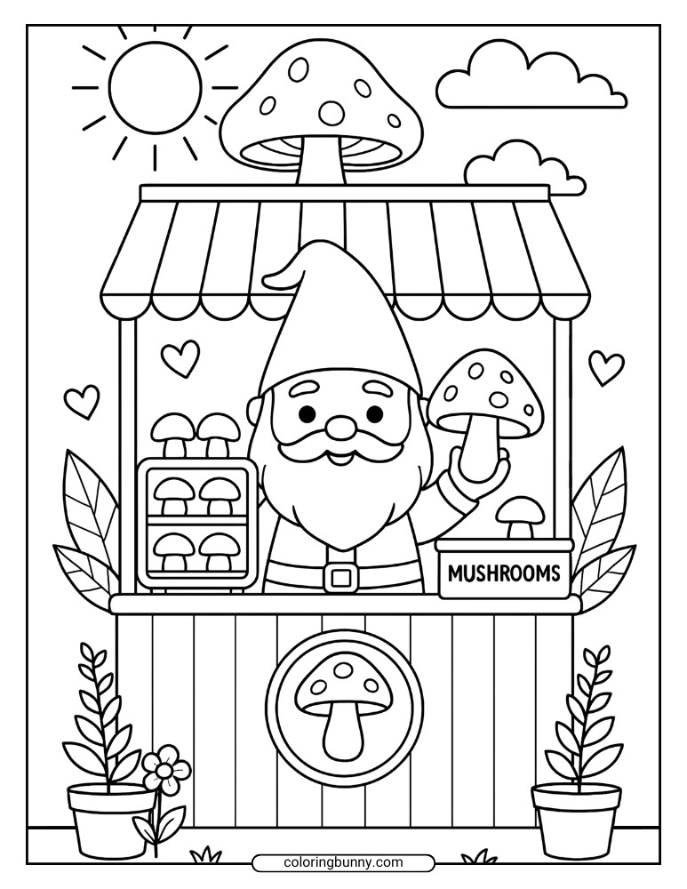 Line art of a gnome in a striped hat standing behind a mushroom market stall, holding a mushroom, with plants, hearts, and clouds around.