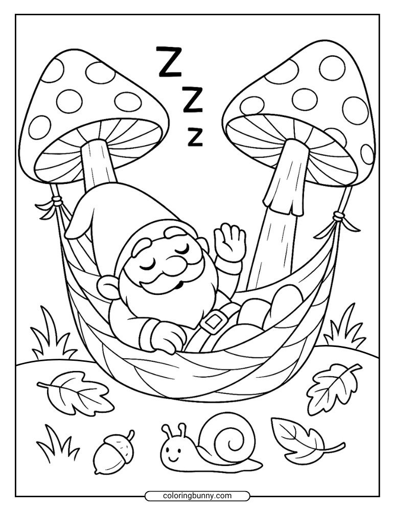 Black and white drawing of a gnome sleeping in a leaf hammock tied between two large mushrooms, with leaves, an acorn, and a smiling snail below.