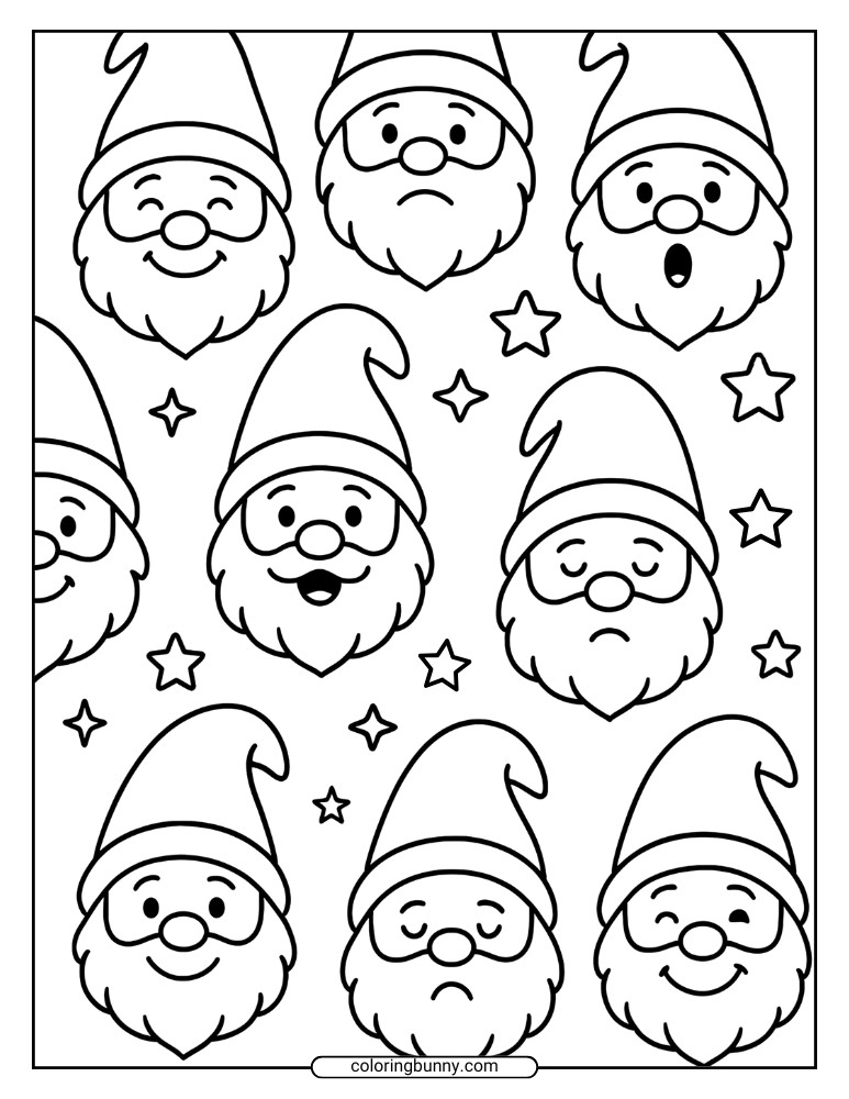 Black and white drawing of multiple gnome faces with different expressions, surrounded by stars, arranged like a playful wallpaper.