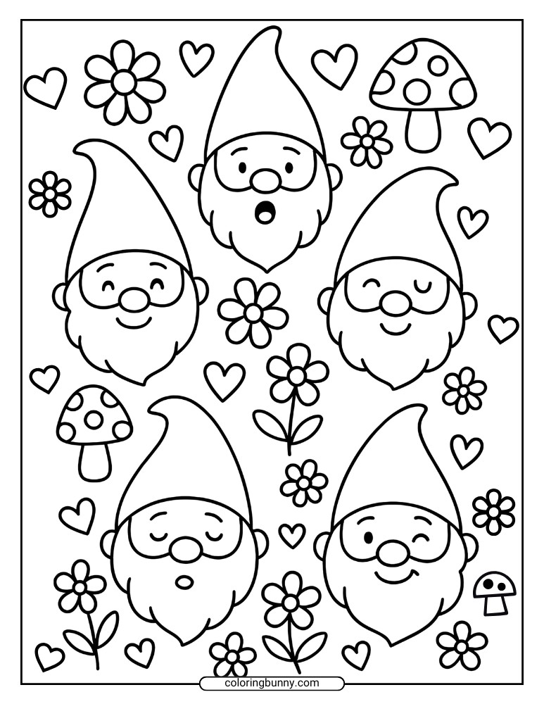 Cartoon gnome illustration for coloring, showing multiple gnome faces with different expressions surrounded by flowers, hearts, and mushrooms.
