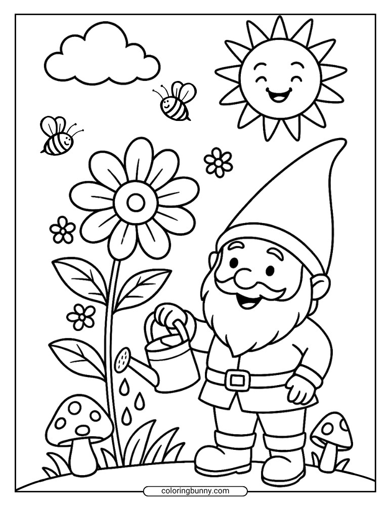 Whimsical coloring page of a gnome watering a tall flower with a watering can, surrounded by mushrooms, bees, and a smiling sun in the sky.