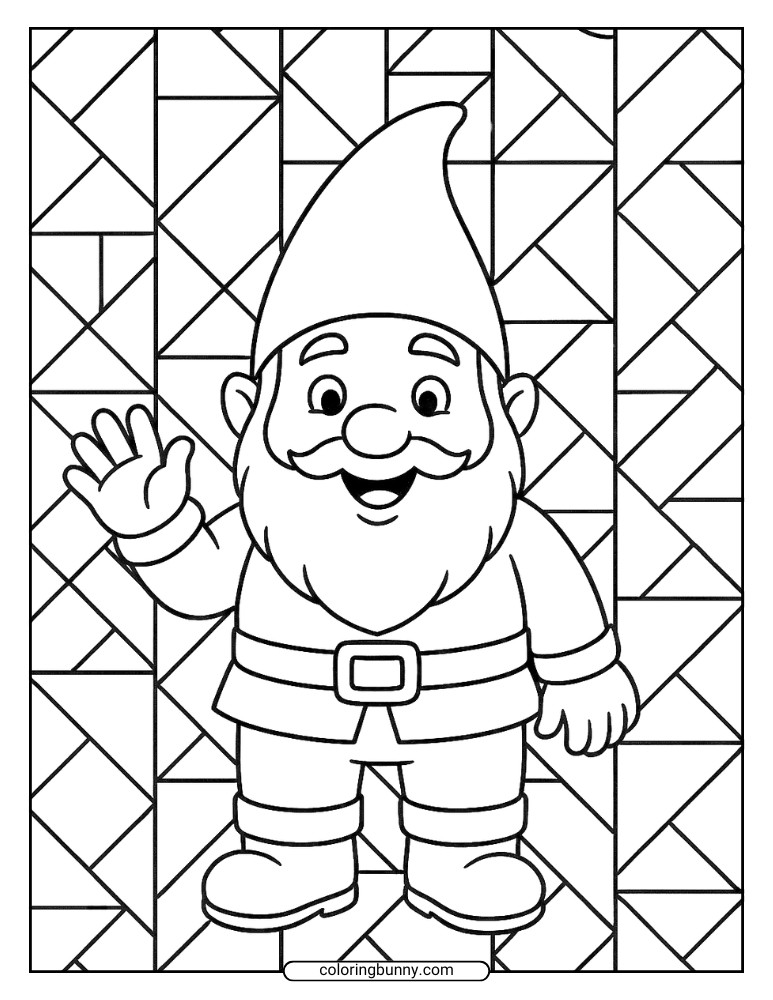 Line drawing of a smiling gnome waving, set in front of a geometric patterned background.
