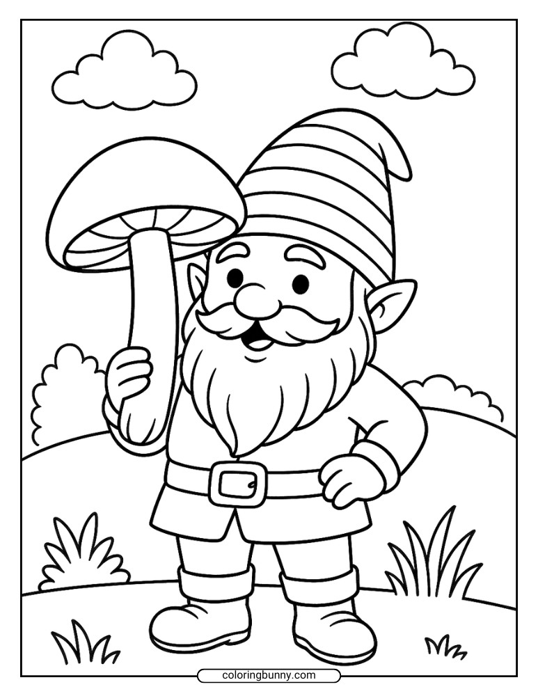 Gnome coloring page featuring a smiling gnome waving from a flower-shaped hot air balloon, with birds, clouds, and small houses in the background.