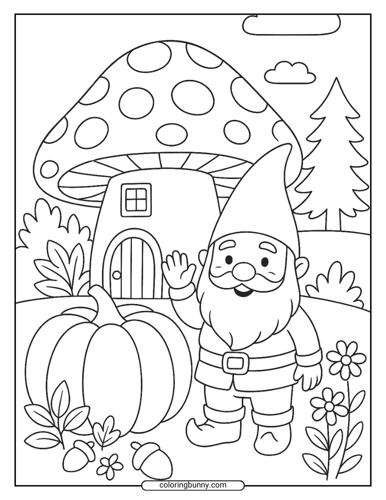 Whimsical gnome coloring sheet featuring a bearded gnome waving beside a giant pumpkin, with acorns, flowers, and a mushroom house in the background.