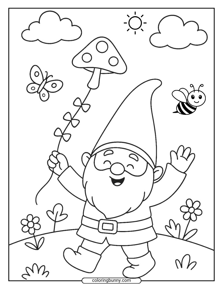 Line art of a cheerful gnome flying a small spotted mushroom kite, with flowers, a butterfly, a bee, and clouds in the background.