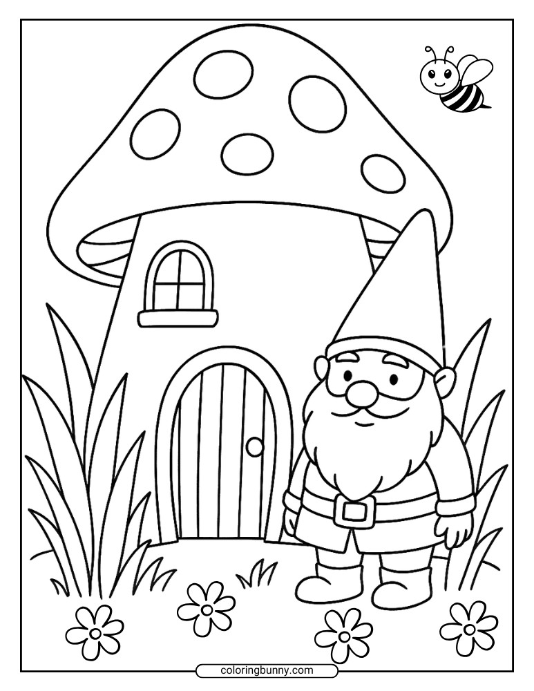 Mushroom coloring page with a gnome next to a polka-dot mushroom home, flowers at his feet and a bee above.
